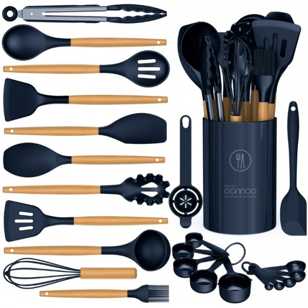 Silicone Cooking Utensils Set - Silicone Kitchen Utensils for Cooking Wooden Handles, 446°F Heat Resistant Kitchen Utensil Spatula Sets w Holder, Gadgets for Non-Stick Cookware BPA FREE (Navy Blue)