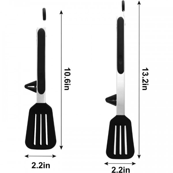 Kitchen Tongs 9 inches and 12 inches Fish Spatula Stainless Steel Locking with Silicone Tips Cooking Salad Buffet BBQ Serving Tongs Heat Resistant Meat Turner Spatula Tongs, Black