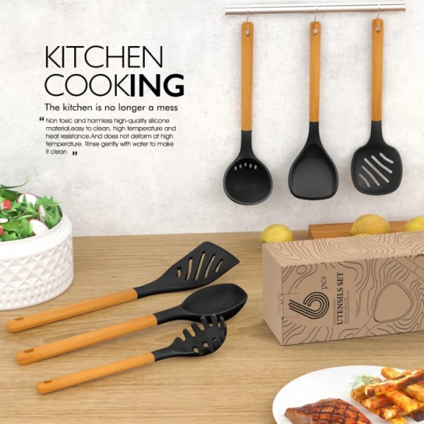 Large Silicone Cooking Utensils Set - Heat Resistant Silicone Utensils for Cooking w Long Wooden Handles, Kitchen Utensil Spatula Set, Kitchen Gadgets for Non-Stick Cookware, BPA Free(Grey)