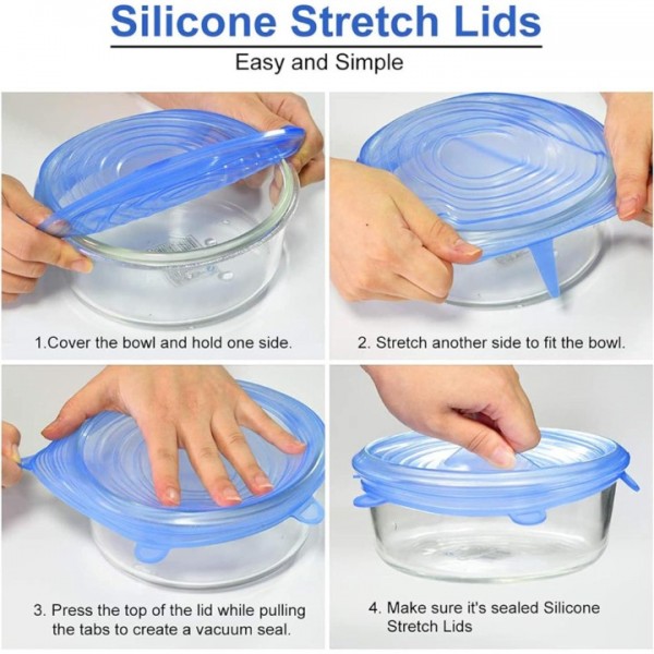 Flexible Silicone Stretch Lids Round Reusable Food Covers for Bowl Cup Dish Silicone Food Wrap Food Grade 6pcs (Blue)