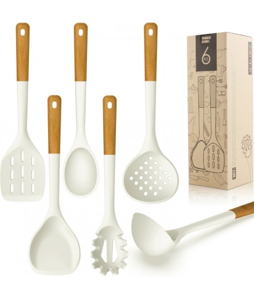 Large Silicone Cooking Utensils - Heat Resistant Kitchen Utensil Set with Wooden Handles, Spatula,Turner, Slotted Spoon, Pasta server, Kitchen Gadgets Tools Sets for Non-Stick Cookware (Warm White)