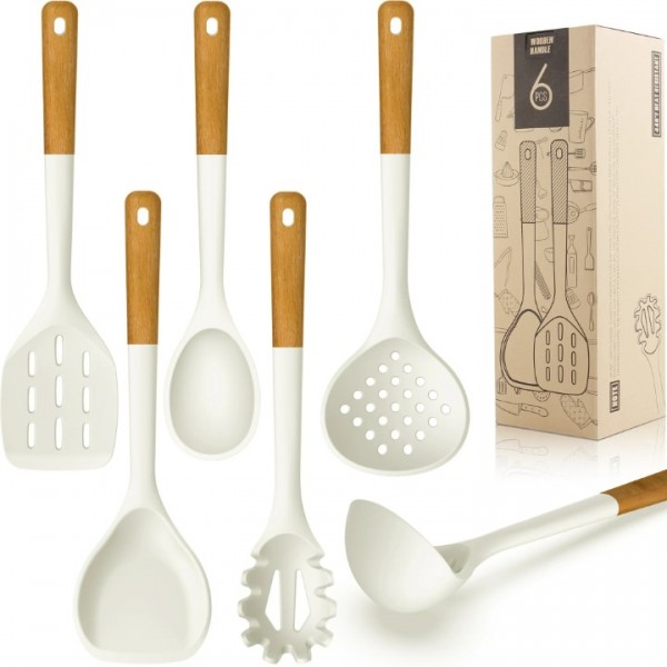 Large Silicone Cooking Utensils - Heat Resistant Kitchen Utensil Set with Wooden Handles, Spatula,Turner, Slotted Spoon, Pasta server, Kitchen Gadgets Tools Sets for Non-Stick Cookware (Warm White)