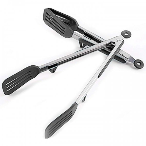 Kitchen Tongs 9 inches and 12 inches Fish Spatula Stainless Steel Locking with Silicone Tips Cooking Salad Buffet BBQ Serving Tongs Heat Resistant Meat Turner Spatula Tongs, Black