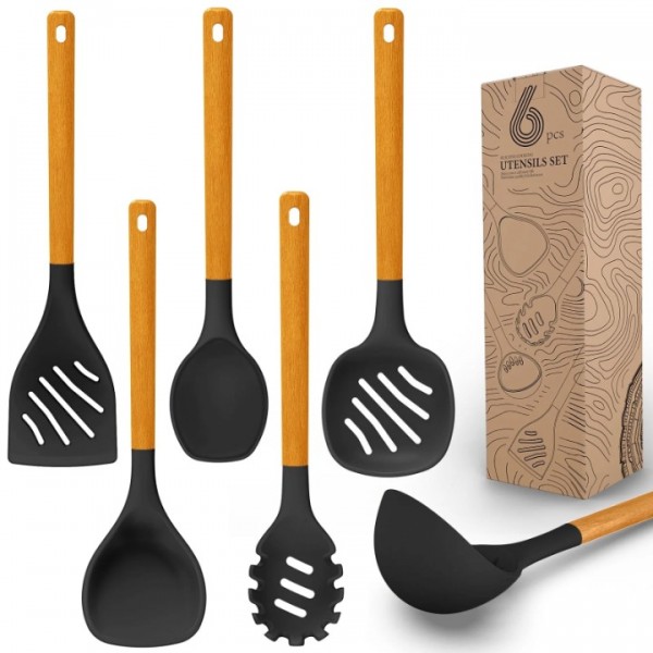 Large Silicone Cooking Utensils Set - Heat Resistant Silicone Utensils for Cooking w Long Wooden Handles, Kitchen Utensil Spatula Set, Kitchen Gadgets for Non-Stick Cookware, BPA Free(Grey)