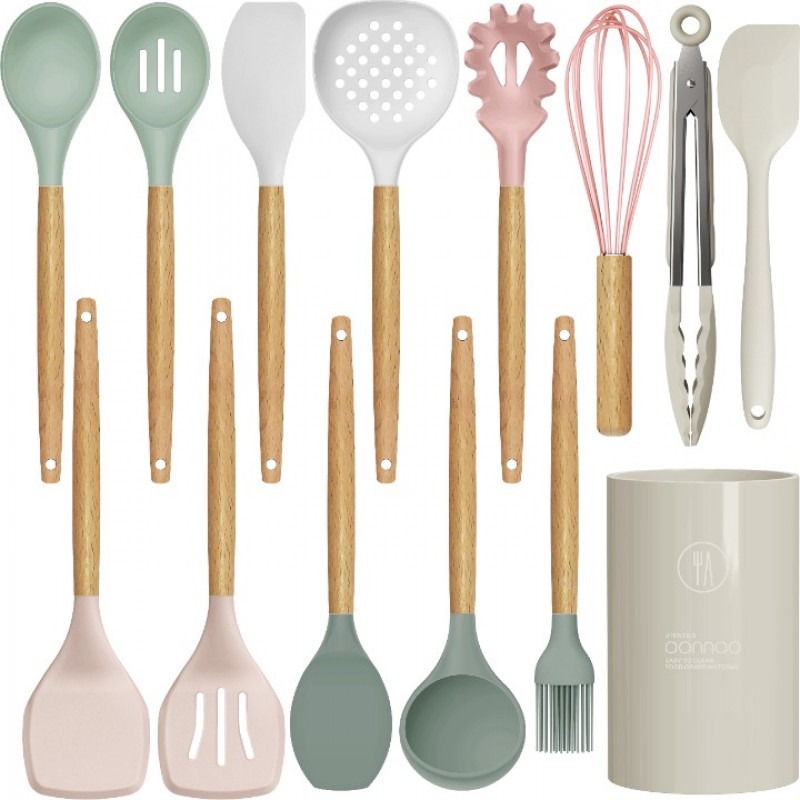 oannao Silicone Cooking Utensils Set - 446°F Heat Resistant Silicone Kitchen  Utensils for Cooking,Kitchen Utensil Spatula Set w Wooden Handles,Holder,  BPA FREE Gadgets for Non-Stick Cookware (Grey) 