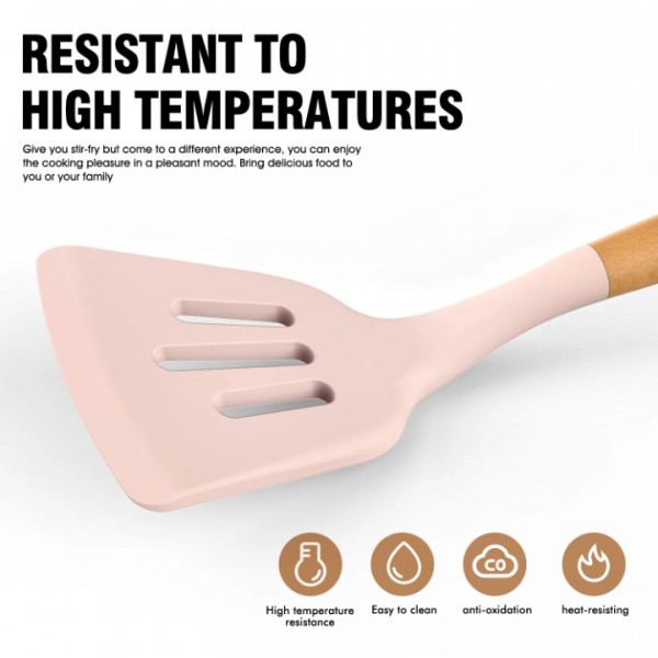 Silicone Cooking Utensils Set - Silicone Kitchen Utensils for Cooking Wooden Handles, 446°F Heat Resistant Kitchen Utensil Spatula Sets w Holder, Gadgets for Non-Stick Cookware BPA FREE (Multicolour)