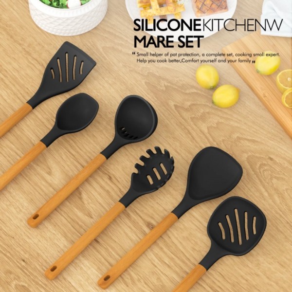 Large Silicone Cooking Utensils Set - Heat Resistant Silicone Utensils for Cooking w Long Wooden Handles, Kitchen Utensil Spatula Set, Kitchen Gadgets for Non-Stick Cookware, BPA Free(Grey)