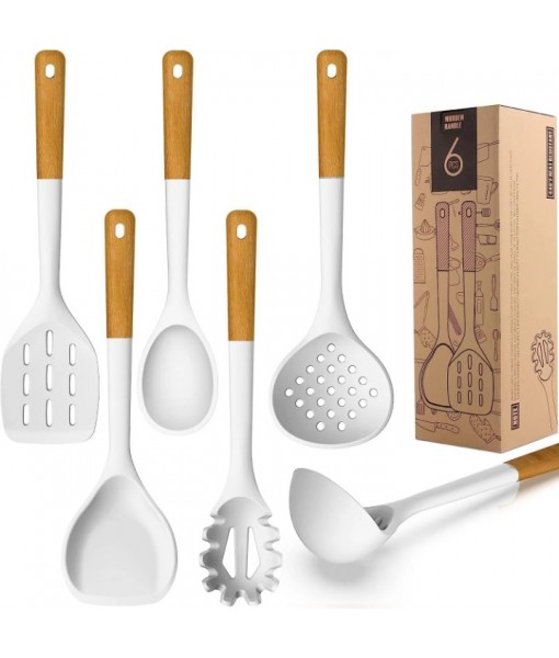 Large Silicone Cooking Utensils - Heat Resistant Kitchen Utensil Set with Wooden Handles, Spatula,Turner, Slotted Spoon, Pasta server, Kitchen Gadgets Tools Sets for Non-Stick Cookware (Warm White)