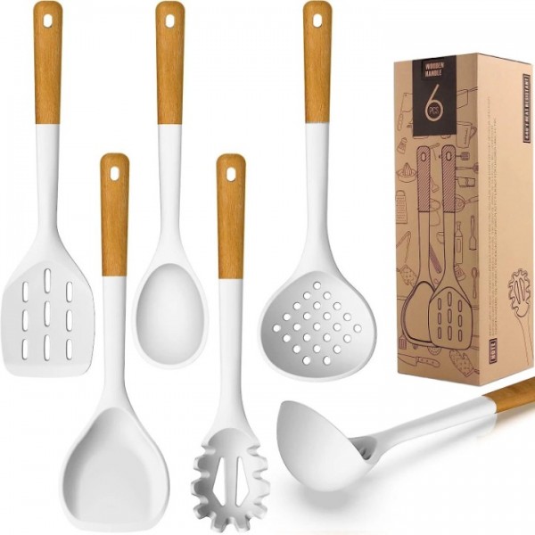 Large Silicone Cooking Utensils - Heat Resistant Kitchen Utensil Set with Wooden Handles, Spatula,Turner, Slotted Spoon, Pasta server, Kitchen Gadgets Tools Sets for Non-Stick Cookware (Warm White)
