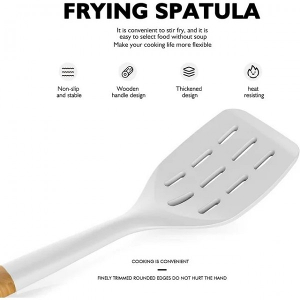 Large Silicone Cooking Utensils - Heat Resistant Kitchen Utensil Set with Wooden Handles, Spatula,Turner, Slotted Spoon, Pasta server, Kitchen Gadgets Tools Sets for Non-Stick Cookware (Warm White)