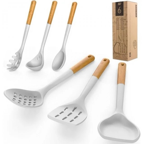 Large Silicone Cooking Utensils - Heat Resistant Kitchen Utensil Set with Wooden Handles, Spatula,Turner, Slotted Spoon, Pasta server, Kitchen Gadgets Tools Sets for Non-Stick Cookware (Warm White)