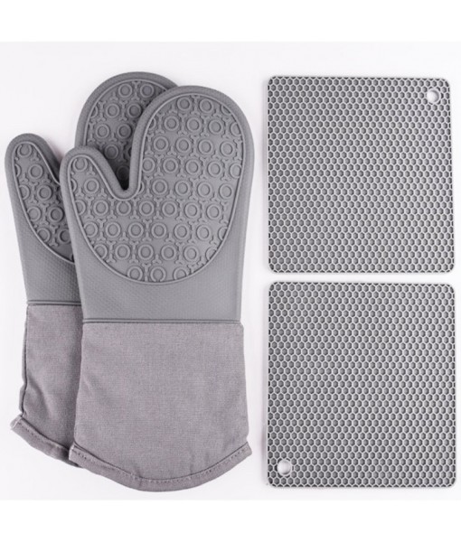 Heat and Slip Resistant Silicone Oven Mitt and Trivets Set, Waterproof, Cotton Lined Gloves, BPA-Free, Long Cooking Mitts and Trivet Mats, Kitchen Potholder Sets for Pans, 4 Pieces (Grey)