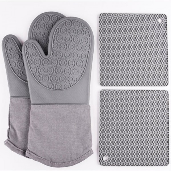 Heat and Slip Resistant Silicone Oven Mitt and Trivets Set, Waterproof, Cotton Lined Gloves, BPA-Free, Long Cooking Mitts and Trivet Mats, Kitchen Potholder Sets for Pans, 4 Pieces (Grey)