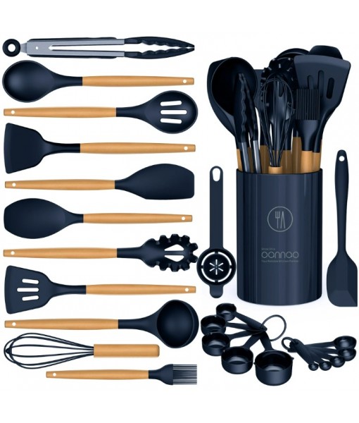 Silicone Cooking Utensils Set - Silicone Kitchen Utensils for Cooking Wooden Handles, 446°F Heat Resistant Kitchen Utensil Spatula Sets w Holder, Gadgets for Non-Stick Cookware BPA FREE (Navy Blue)