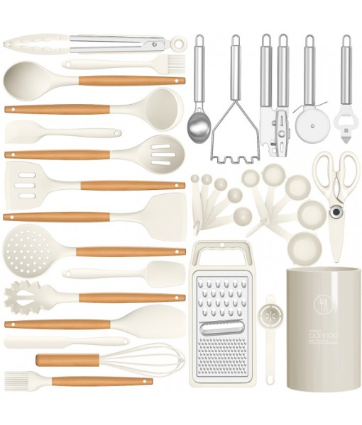 oannao Silicone Cooking Utensils Set - 446°F Heat Resistant Silicone Kitchen Utensils for Cooking Sets, BPA FREE Kitchen Utensil Spatula Set for Non-Stick Cookware, Kitchen Gadgets (Cream White)