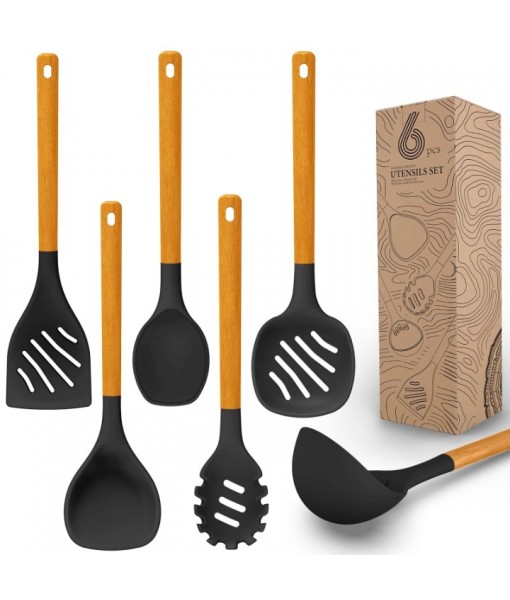 Large Silicone Cooking Utensils Set - Heat Resistant Silicone Utensils for Cooking w Long Wooden Handles, Kitchen Utensil Spatula Set, Kitchen Gadgets for Non-Stick Cookware, BPA Free(Grey)